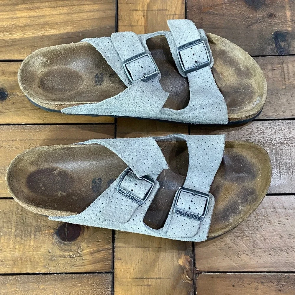 Birkenstock Arizona Perforated Grey Suede Sandals Mens 43 L12 M10 Slide Stone